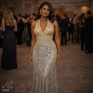 VTG Y2K Beaded Halter Metallic Lace Formal Gown Sz 15/16 Gold Gray Dave & Johnny